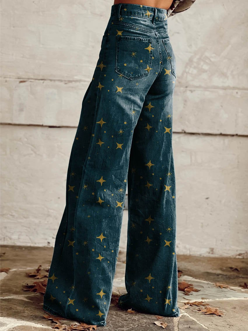 Clara | Midnight Gold Star Wide-Leg Trousers