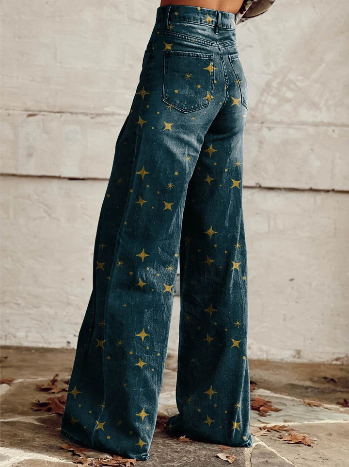 Clara | Midnight Gold Star Wide-Leg Trousers