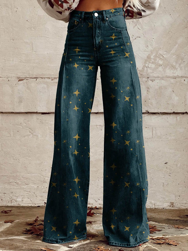 Clara | Midnight Gold Star Wide-Leg Trousers